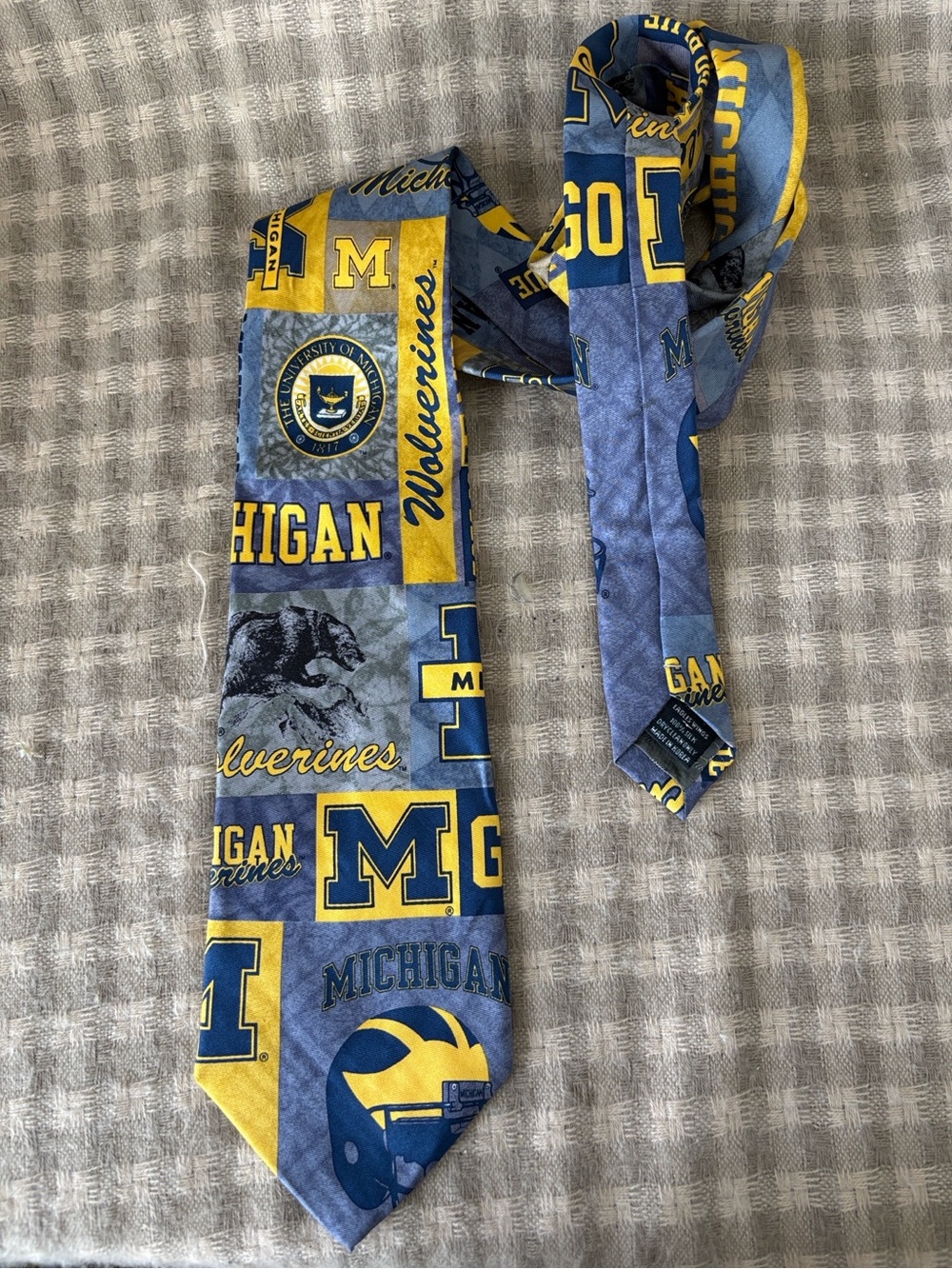 VINTAGE 90S EAGLE WINGS UNIVERSITY OF MICHIGAN BLUE GRAPHIC SILK TIE
